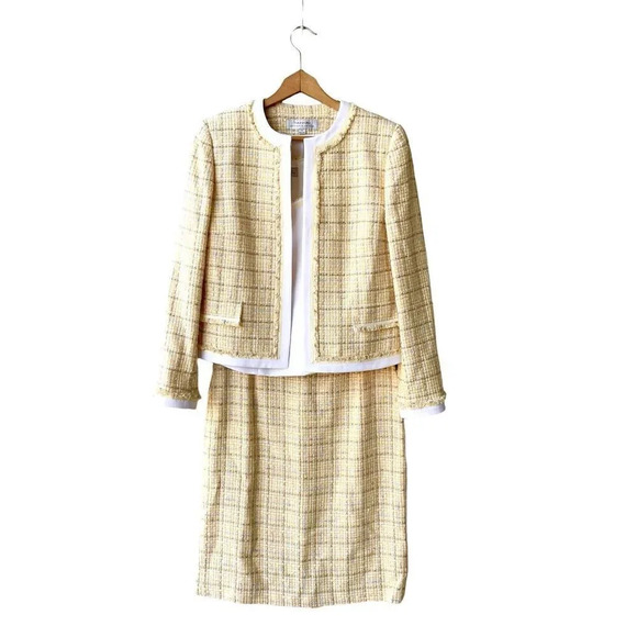 TAHARI ASL Tweed Skirt Suits Women’s 8 Yellow 3-piece Open Front Career Office